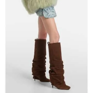 Goolita Fold Over Boots For Women, Square Toe Stiletto Heel Slouchy Knee High Boots Leather Comfortable Slip On Tall Boots