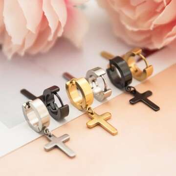 NEWITIN 9 Pairs Stainless Steel Cross Earrings for Men Hypoallergenic Earrings Unisex Punk Earrings Hoop Earrings Hinged Dangle Cross Earrings for Men Women