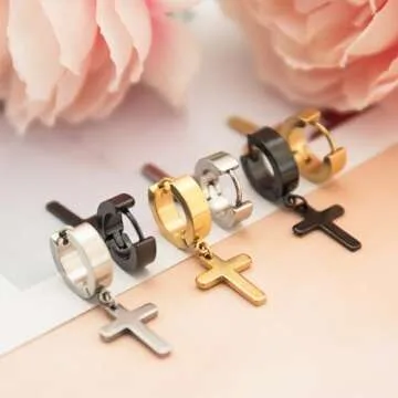 NEWITIN 9 Pairs Stainless Steel Cross Earrings for Men Hypoallergenic Earrings Unisex Punk Earrings Hoop Earrings Hinged Dangle Cross Earrings for Men Women