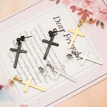 NEWITIN 9 Pairs Stainless Steel Cross Earrings for Men Hypoallergenic Earrings Unisex Punk Earrings Hoop Earrings Hinged Dangle Cross Earrings for Men Women