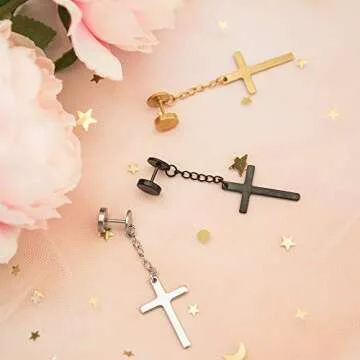 NEWITIN 9 Pairs Stainless Steel Cross Earrings for Men Hypoallergenic Earrings Unisex Punk Earrings Hoop Earrings Hinged Dangle Cross Earrings for Men Women