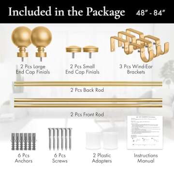 Meriville 1-Inch Diameter Ball Telescoping Double Window Treatment Curtain Rod, 48-Inch to 84-Inch, ...