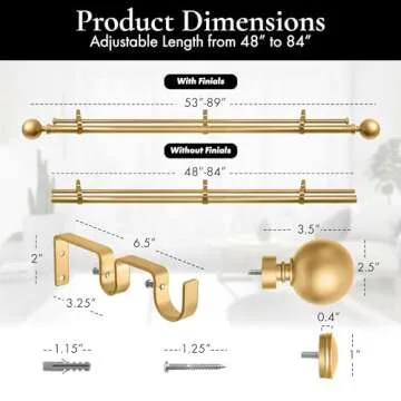 Meriville 1-Inch Diameter Ball Telescoping Double Window Treatment Curtain Rod, 48-Inch to 84-Inch, Royal Gold