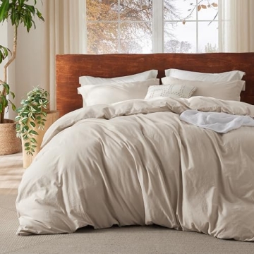 Bedsure 100% Washed Cotton Duvet Cover King Size - Beige Minimalist Cotton Duvet Cover Set Linen Lik...