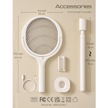 Rotating Head Rechargeable Fly Swatter Electric Fly Swatter Racket Bug Zapper Racket Indoor Bug Zapper Indoor Fly Zapper Repellent Fruit Fly Trap Mosquito Zapper, with a Telescopic Extension
