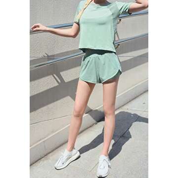 EDENCOMERS Women's Running Shorts,Relaxed Fit and Mid-Rise Waist Training Shorts Light Green