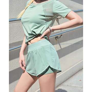 EDENCOMERS Women's Running Shorts,Relaxed Fit and Mid-Rise Waist Training Shorts Light Green