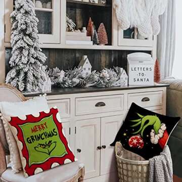 HIMATAID Christmas Pillow Covers 18x18 Set of 4 for Grinchmas Christmas Decorations Throw Pillow Covers Merry Grinchmas Christmas Pillows Xmas Farmhouse Decor for Porch Decor,Couch,Bed