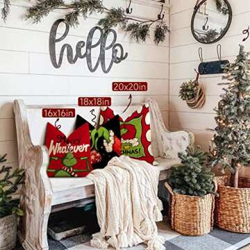 HIMATAID Christmas Pillow Covers 18x18 Set of 4 for Grinchmas Christmas Decorations Throw Pillow Covers Merry Grinchmas Christmas Pillows Xmas Farmhouse Decor for Porch Decor,Couch,Bed