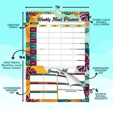 Decorably 52 Sheets Tropical Summer Undated Meal Planner Pad With Grocery List Minimalist, 7x10in Spring-Bound Meal Planning Notepad