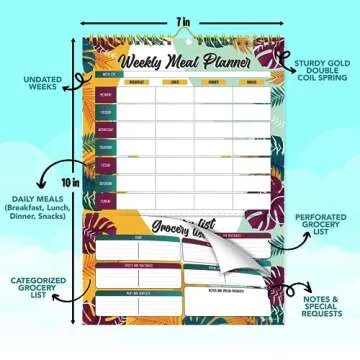 Decorably 52 Sheets Tropical Summer Undated Meal Planner Pad With Grocery List Minimalist, 7x10in Spring-Bound Meal Planning Notepad