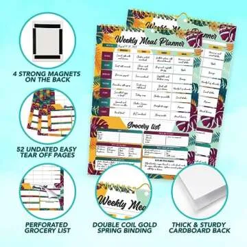 Decorably 52 Sheets Tropical Summer Undated Meal Planner Pad With Grocery List Minimalist, 7x10in Spring-Bound Meal Planning Notepad