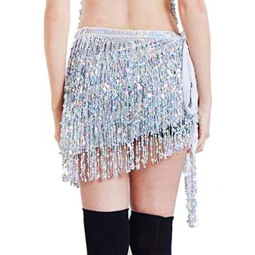 Women Silver Sequin Skirt Fringe Belly Dance Hip Scarf Rave Costume