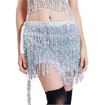 Women Silver Sequin Skirt Fringe Belly Dance Hip Scarf Rave Costume