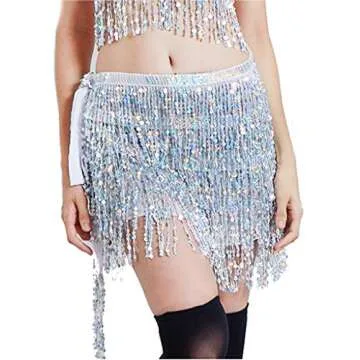 Women Silver Sequin Skirt Fringe Belly Dance Hip Scarf Rave Costume