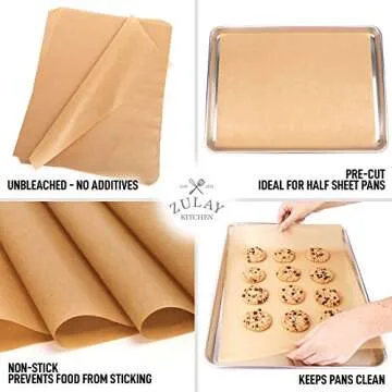 Zulay Kitchen 200 Pcs Parchment Paper Sheets - 12x16 Inches Unbleached Non-Stick Baking Paper For Oven - Precut Parchment Paper For Baking, Air Fryer, Steaming, Cookies, Bread - Fits Half Sheet Pans