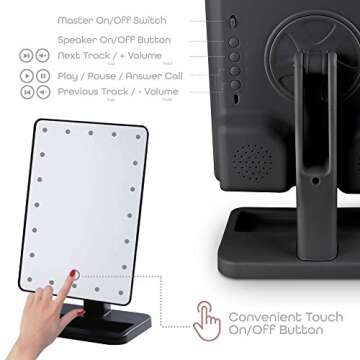 Aduro Vanity Mirror Makeup Mirror With Lights And Wireless Speaker, U-Reflect Beauty LED Wireless Swivel Smart Home Audio Mirror With Tray (Black)