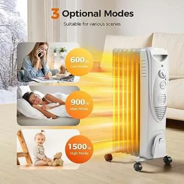 Kismile 1500W Oil Filled Radiator Heater, Portable Electric Heater with 3 Heat Settings, Adjustable Thermostat, Overheat & Tip-Over Protection, Oil Heaters for Indoor Use (Grey)