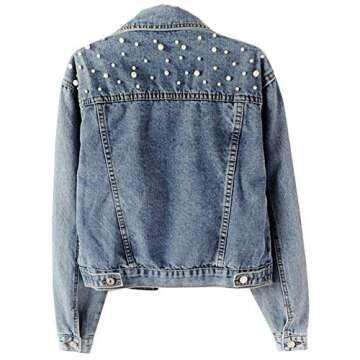 Kedera Women Oversized Denim Jacket Embroidered Pearls Beading Jeans Coat (Blue, XX-Large)