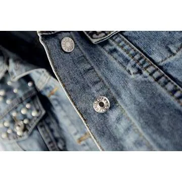 Kedera Women Oversized Denim Jacket Embroidered Pearls Beading Jeans Coat (Blue, XX-Large)