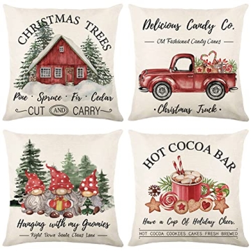 Hofomca Christmas Throw Pillow Covers 18x18 Set of 4, Merry Christmas Tree Gnome Red Truck Candy Can...