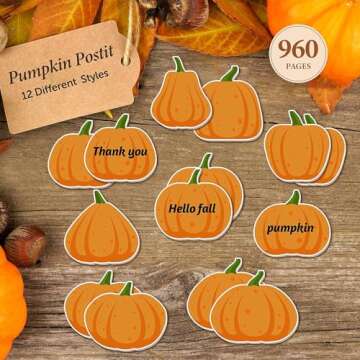 48PCS Fall Pumpkin Sticky Notes Cute Pumpkin Shape Memo Notes Self-Adhesive Fall Memo Notes for School Office Home Supplies Student Teacher Present 12 Styles Total 20 Sheets Each