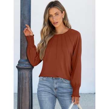 ANRABESS Women's Tops Dressy Casual Long Sleeve Pleated Shirts Crewneck Loose Basic T-Shirt Blouses ...