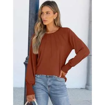 ANRABESS Women's Tops Dressy Casual Long Sleeve Pleated Shirts Crewneck Loose Basic T-Shirt Blouses 2024 Trendy Fall Clothes Brown Small