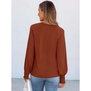 ANRABESS Women's Tops Dressy Casual Long Sleeve Pleated Shirts Crewneck Loose Basic T-Shirt Blouses 2024 Trendy Fall Clothes Brown Small