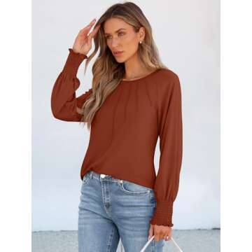 ANRABESS Women's Tops Dressy Casual Long Sleeve Pleated Shirts Crewneck Loose Basic T-Shirt Blouses 2024 Trendy Fall Clothes Brown Small
