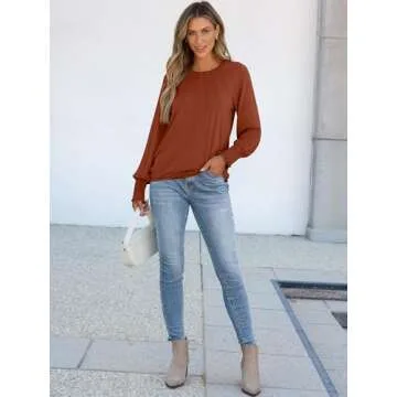 ANRABESS Women's Tops Dressy Casual Long Sleeve Pleated Shirts Crewneck Loose Basic T-Shirt Blouses 2024 Trendy Fall Clothes Brown Small