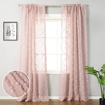 MYSKY HOME Pom Pom Pink Sheer Curtains - Stylish Light Filtering Draperies for Kids Room