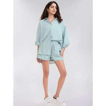 EXLURA Women's Summer 2 Piece Sets Long Sleeve Button Down Shirts Matching Short Sets Beach Vacation Cruise Outfits 2025