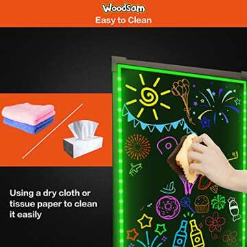 Woodsam LED Drawing Painting Board - 24" x 16" Erasable Non Porous Glass Surface with 8 Fluorescent Window Markers-Best for Chalkboard Blackboard Whiteboard Bulletin/Letter/Spelling/Display/Menu Board