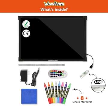 Woodsam LED Drawing Painting Board - 24" x 16" Erasable Non Porous Glass Surface with 8 Fluorescent Window Markers-Best for Chalkboard Blackboard Whiteboard Bulletin/Letter/Spelling/Display/Menu Board