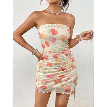 Milumia Women's Floral Ruched Mini Tube Dress Strapless Split Hem Bodycon Dresses Multicolor X-Small