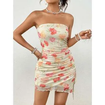 Milumia Women's Floral Ruched Mini Tube Dress Strapless Split Hem Bodycon Dresses Multicolor X-Small