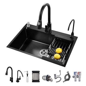 ARTLINE Black Kitchen Sink - Elegant Stainless Steel Single Bowl Workstation with Accessories