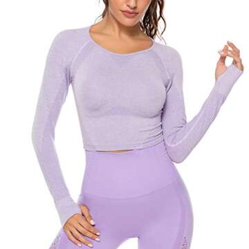 FITTOO Women's Long Sleeves Workout Crop Tops Seamless Sports Shirts Fitness Activewear Purple S