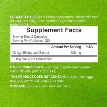 DEAL SUPPLEMENT Ginkgo Biloba 500mg Per Serving, 240 Capsules, 4 Month Supply – Grown in Northern ...