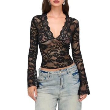Women's Lace Crop Top Sheer Cut Long Sleeve Blouse