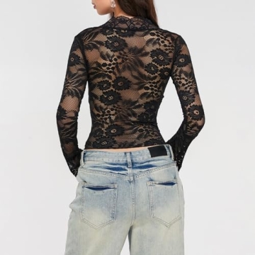 Women's Lace Crop Top Sheer Cut Long Sleeve Blouse