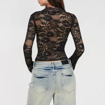 Women's Lace Crop Top Sheer Cut Long Sleeve Blouse