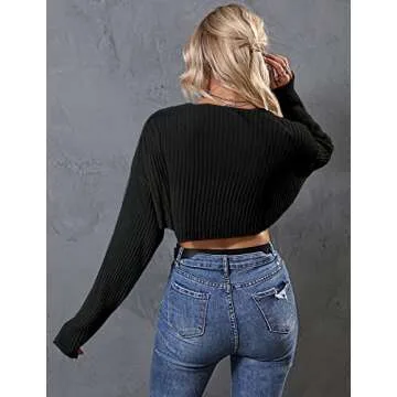 LANGEYANG Women's Long Sleeve Open Front Crop Cardigan Knit Shrugs Sweater Drop Shoulder Solid Top