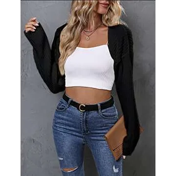 LANGEYANG Women's Long Sleeve Open Front Crop Cardigan Knit Shrugs Sweater Drop Shoulder Solid Top