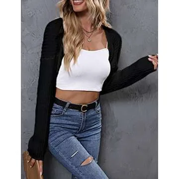 LANGEYANG Women's Long Sleeve Open Front Crop Cardigan Knit Shrugs Sweater Drop Shoulder Solid Top