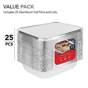 Foil Pans with Lids - 9x13 Aluminum Pans with Covers - 25 Foil Pans and 25 Foil Lids - Disposable Food Containers Great for Baking, Cooking, Heating, Storing, Prepping Food Silver