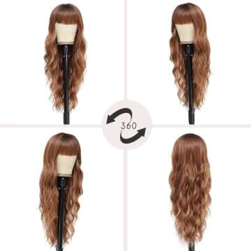 NAYOO Brown Wigs with Bangs for Women Long Curly Wavy Hair Wigs Heat Resistant Synthetic Fiber Wigs ...
