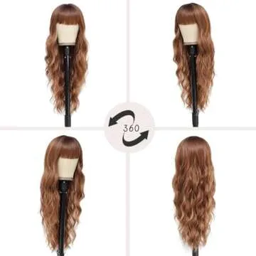 NAYOO Brown Wigs with Bangs for Women Long Curly Wavy Hair Wigs Heat Resistant Synthetic Fiber Wigs ...