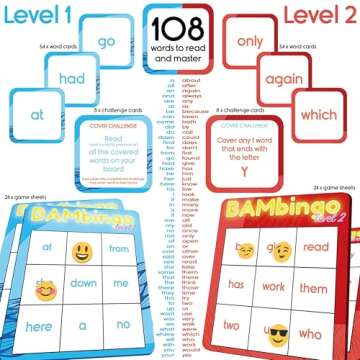 THE BAMBINO TREE Sight Word Bingo Game Level 1 and 2 - Learn to Read Vocabulary for Kindergarten 1st...